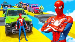 Spiderman TEAM With Ford Truck CARS SUPERHEROES JUMP Challenge On RAMPS GTA 5 Crazy Ragdolls