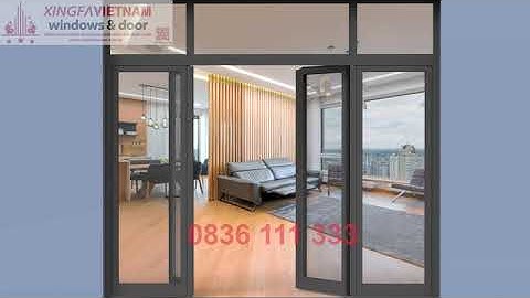 Cửa đi mở quay 4 cánh nhôm Xingfa Quảng Đông tem đỏ màu xám ghi bản lề 3D