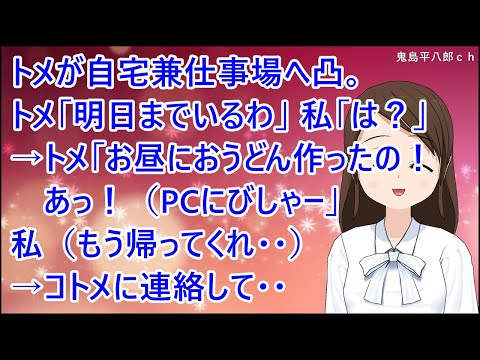 【スカッとする話】トメが自宅兼仕事場へ凸。トメ「明日までいるわ」私「は？」→トメ「お昼におうどん作ったの！あっ！（PCにびしゃー」私（もう帰ってくれ・・）→コトメに連絡して・・