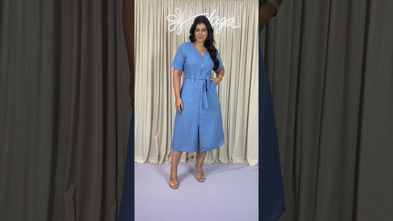 Vestido Plus Size Midi Com Ziper Frontal e Bolso C Hadaza