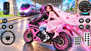 🏍️💗 Pink Super Bike vs 🚄 Bullet Train | Beautiful Bride Ride | 3D Driving Class Gameplay 2026 screenshot 1