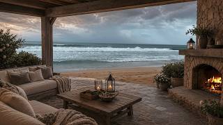 Cozy Seaside Porch Ambience 🐚 Real Crashing Wave Sounds & Gentle Fire | Morning at the Beach