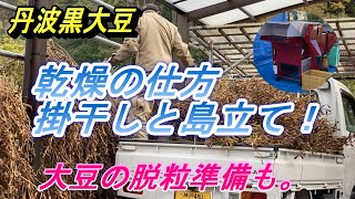 【大豆の乾燥】丹波黒大豆を倉庫横に設置した単管パイプに掛け干しします。これで雨が降っても少しは大丈夫・・・かな。