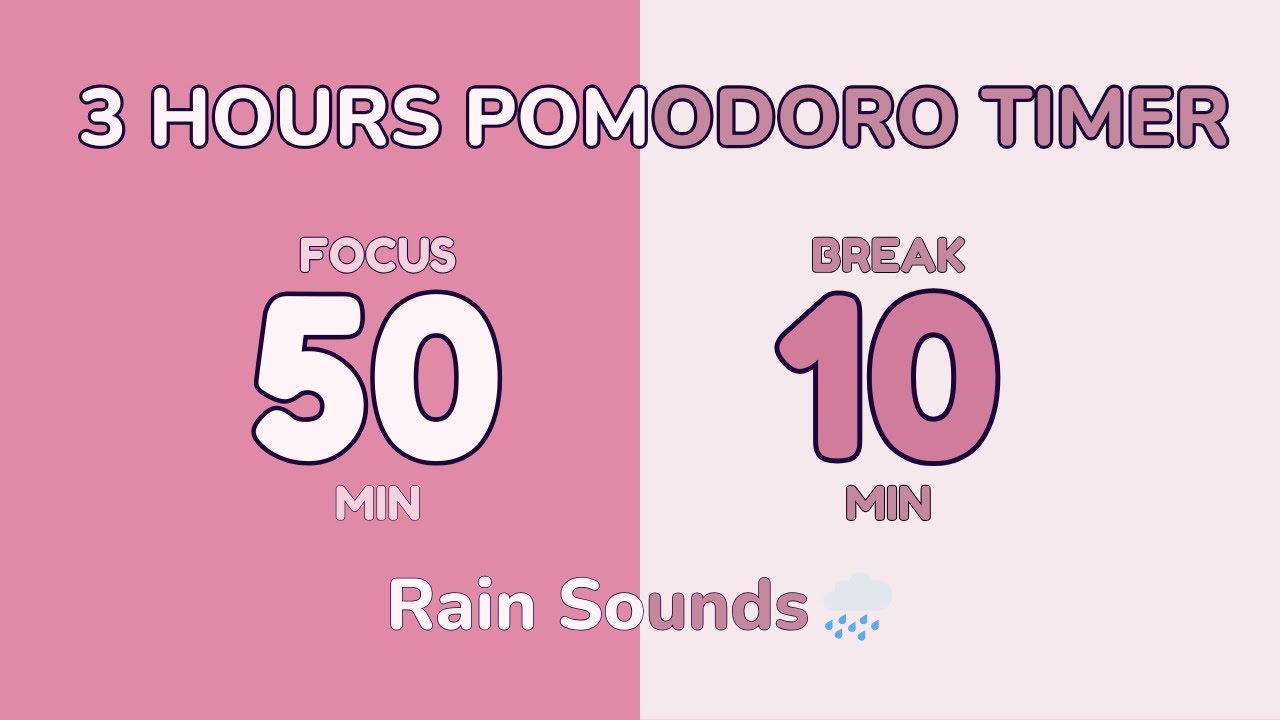 4 Hours Pomodoro Timer — 50/10 | Pink Aesthetic Study Timer | Rain Sounds