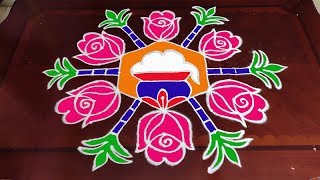 Dot Rangoli: 9x5 Middle dots |  Bhogi Kundala Muggulu ||  Easy Pongal Pot rangoli designs