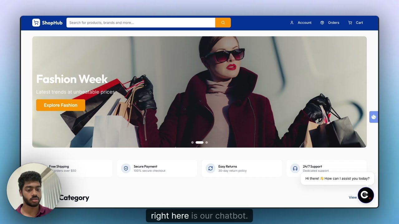 AI chatbot for ecommerce demo showing product recommendations and order tracking