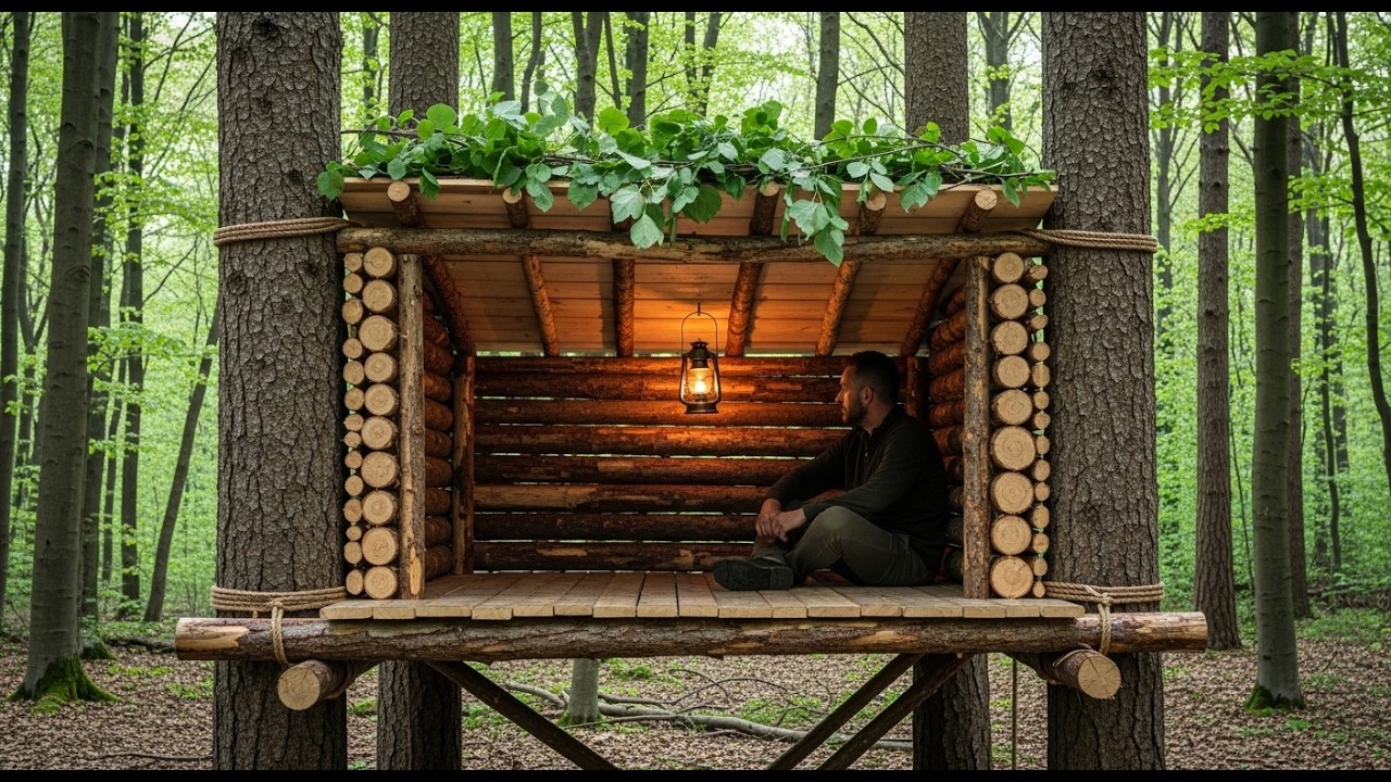 Building a Warm Wooden Survival Nest Shelter in the Forest | Bushcraft, Survival