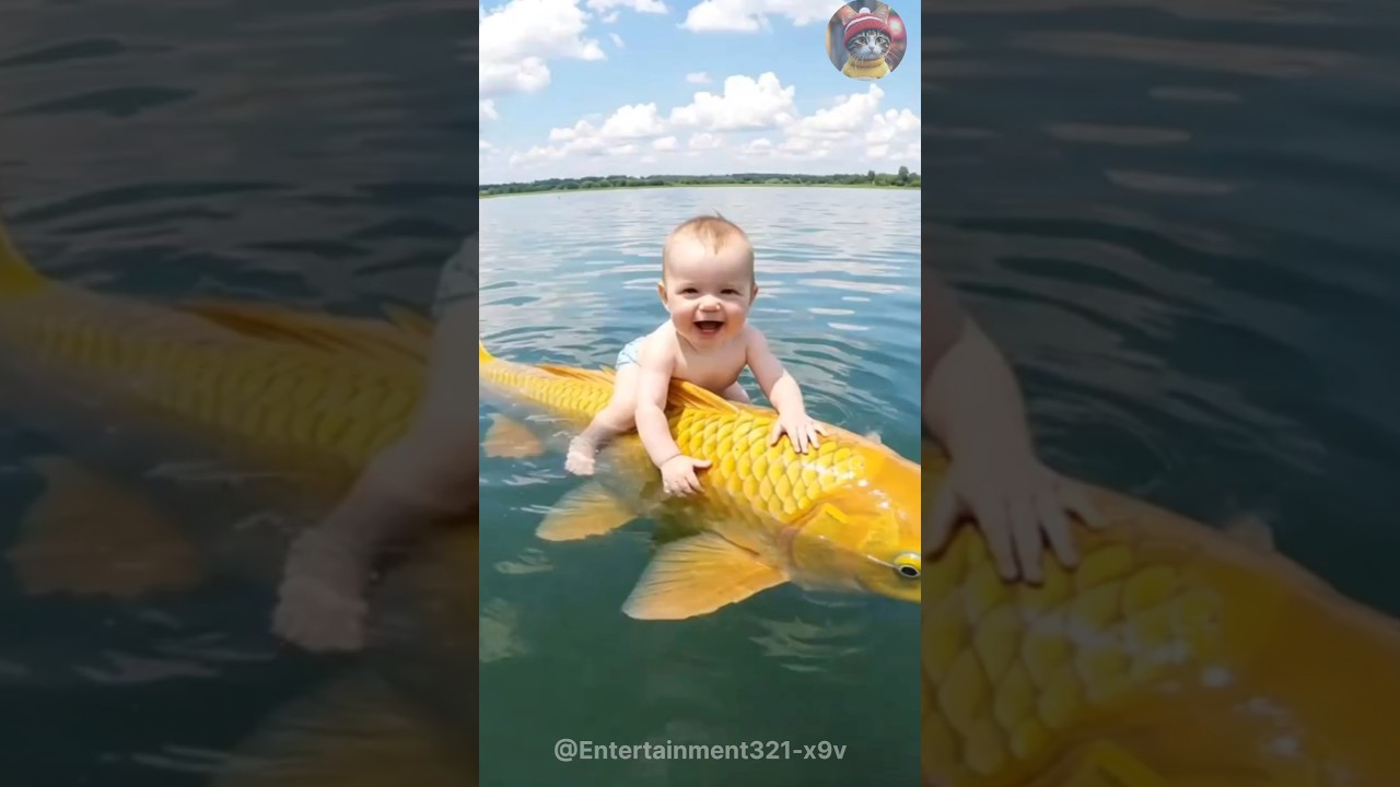A cute little boy is smiling while sitting on the back of a big fish😃🦈