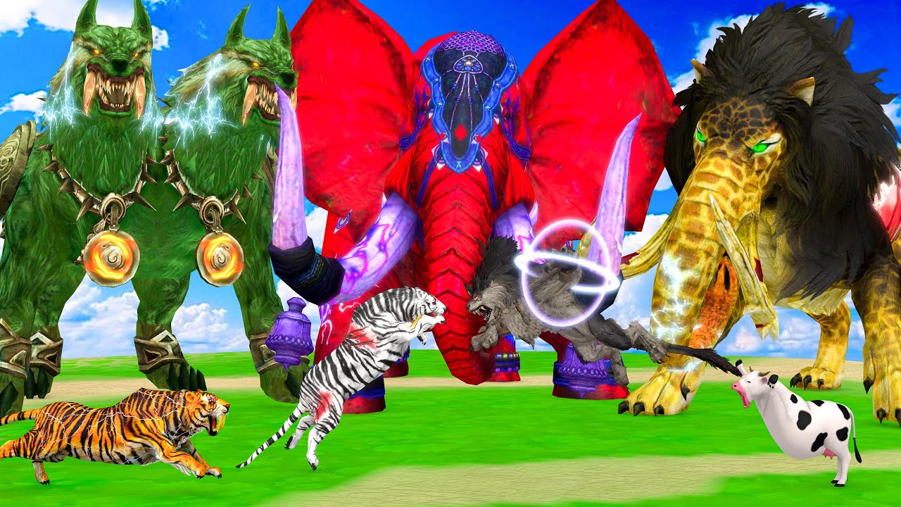 5 Giant Mammoth Elephant Cow Vs 5 Giant Lion Tiger Wolf Vs Fight Cow Cub Saved By Woolly Mammoth