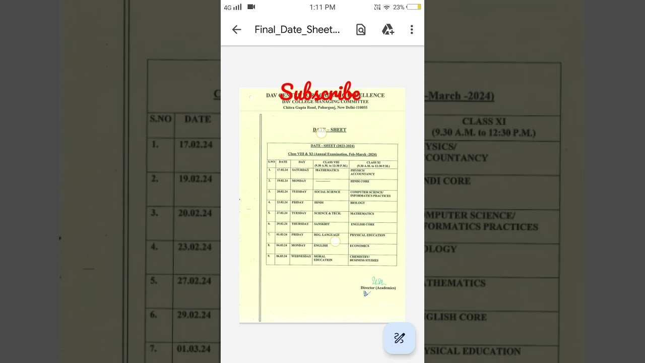 DAV School Class 8 FINAL EXAM DATE SHEET 2023/2024