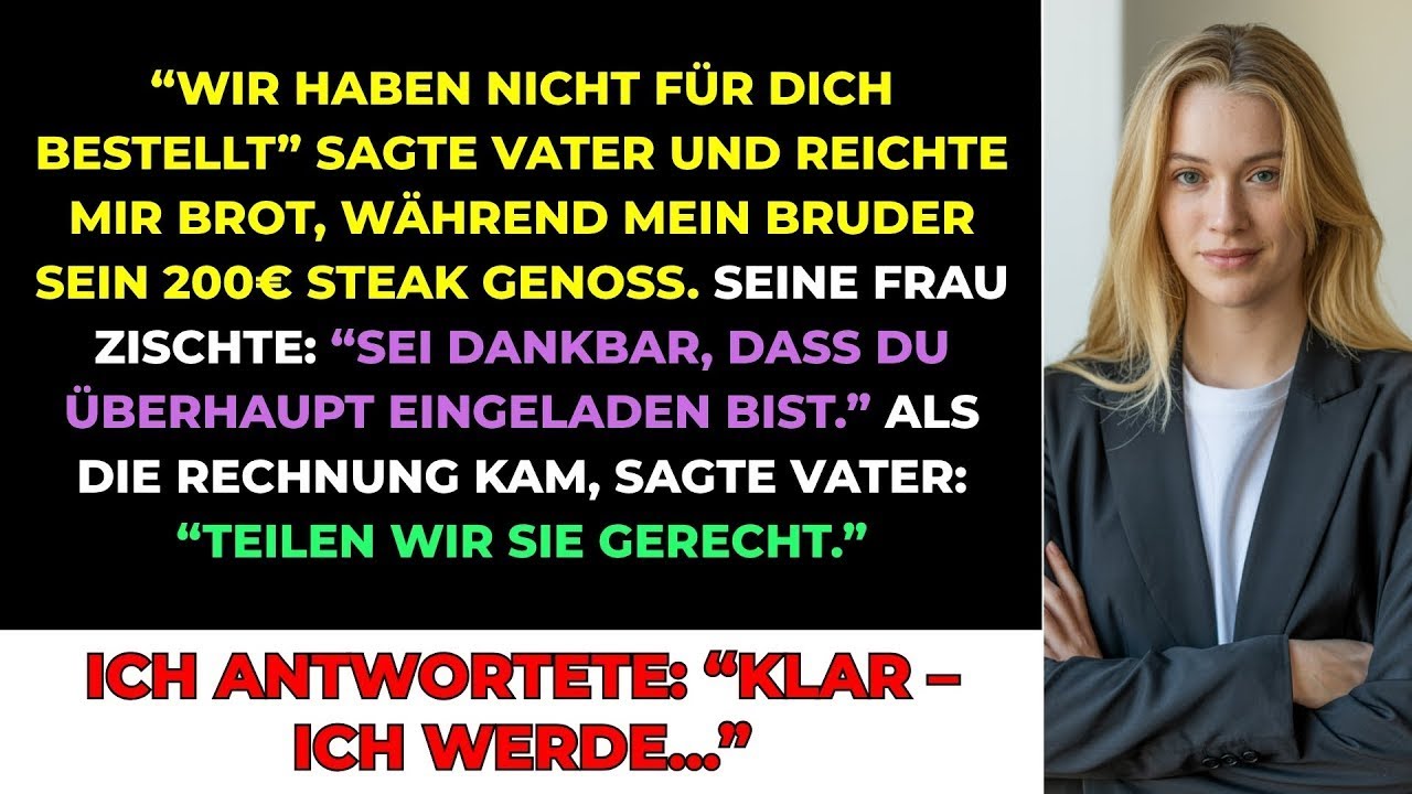 Mein Bruder lud die ganze Familie zu einem teuren Abendessen ein und sagte, er würde zahlen. Als die Rechnung kam, verlangte er, dass ich meinen Anteil übernehme – obwohl ich nur den Brotkorb...