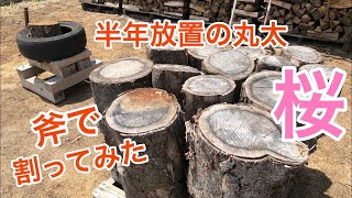 [薪割り]半年以上放置の丸太を斧で割ります