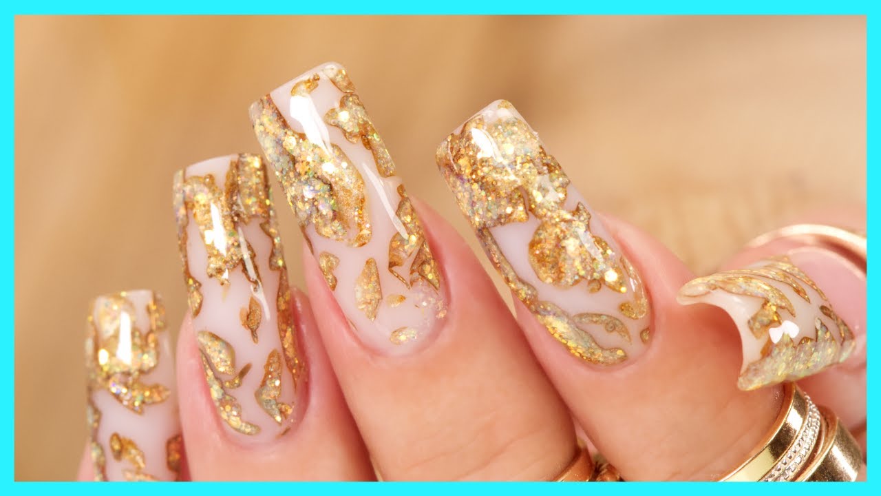 Jade polygel nails with gold flakes : r/Polygel