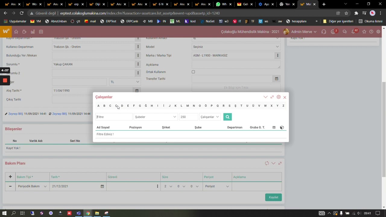 Workcube ERP - Makine Ekipman Bakım Planı Hatası