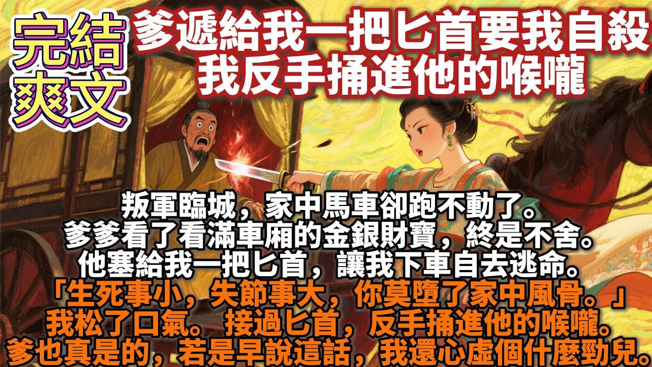 完結爽文：爹遞給我一把匕首要我自殺，我反手捅進他的喉嚨。叛軍臨城，家中馬車卻跑不動了。爹爹看了看滿車廂的金銀財寶，終是不舍。他塞給我一把匕首，讓我下車自去逃命。 我松了口氣。接過匕首，反手捅進他的喉嚨
