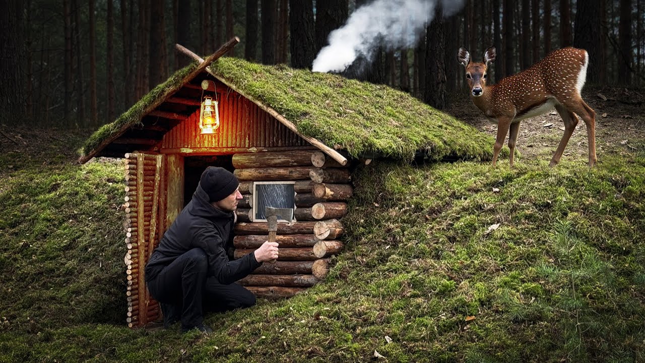 Building a Cozy and Warm Survival Shelter | Bushcraft Log Cabin ...