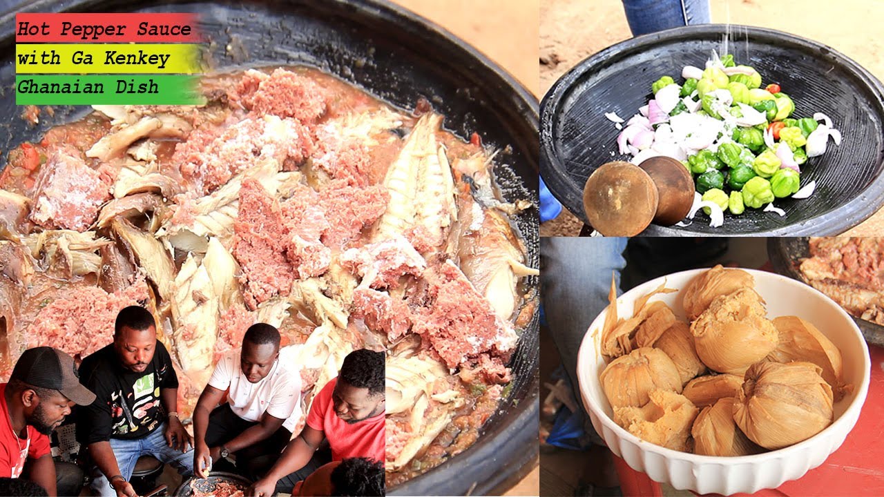 Simple Ghanaian Street Food / Hot Pepper Sauce alongside Mackerels & Corned Beef with Ga Kenkey