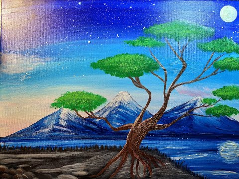 Acrylic painting. Bonsai Tree  ( glow in the dark stars \u0026 moon)