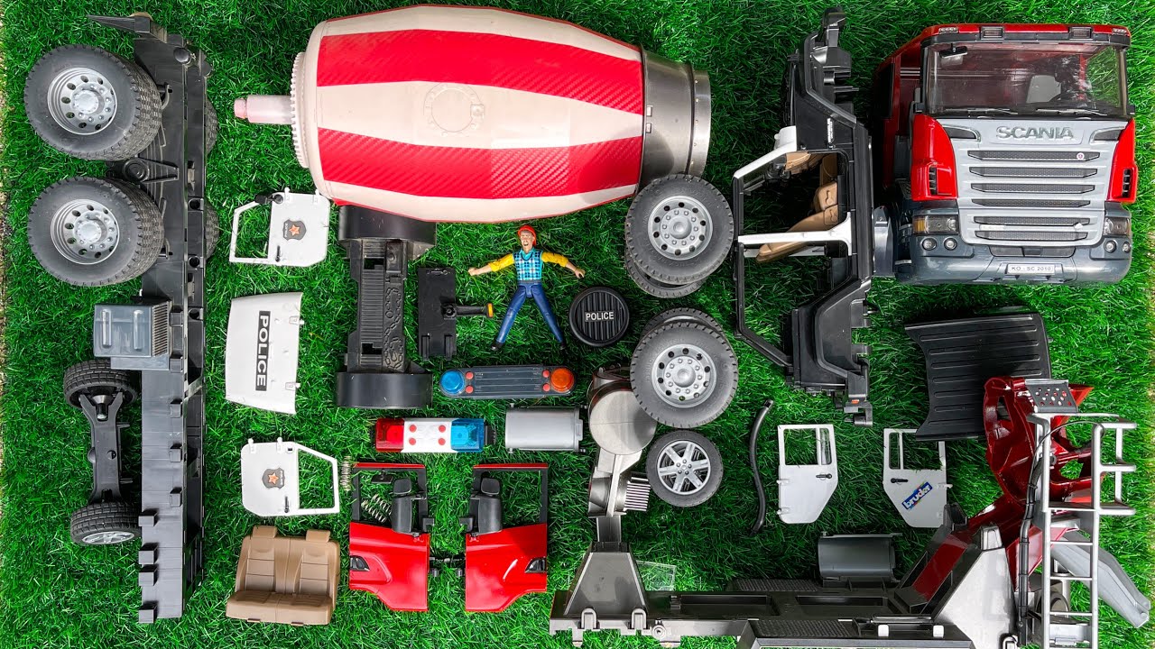 Mencari & Merakit Mobil Mainan Rusak |mobil Truk Molen Mixser Besar,Mobil Jeep Polisi,Bongkar Pasang