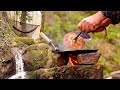 Camping alone by the river swedish fire chicken burger relaxing in an awning shelter with my dog