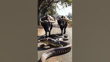 Caught a rare moment on the highway, a giant python facing a wild buffalo
