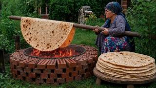 Massive Homemade Flatbread Cooked Over a Wood Fire 🔥 | Rustic Village Baking
