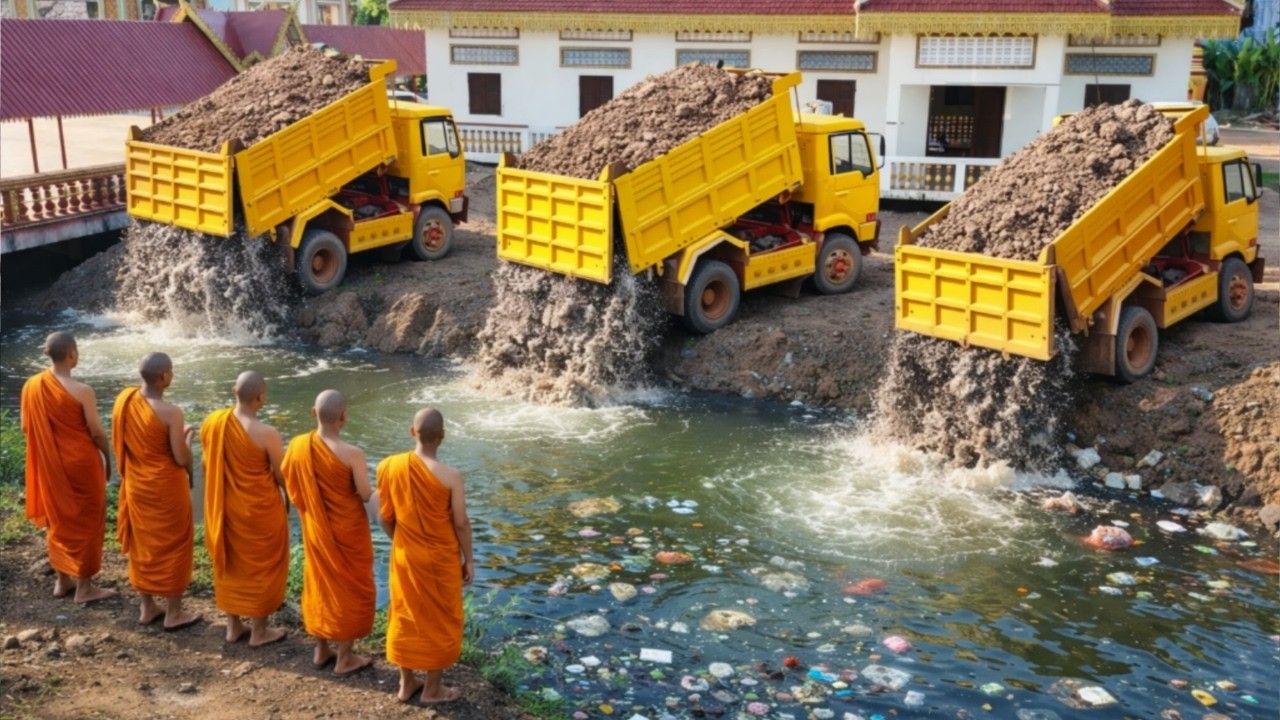 Complete100% Deleted Water ​​In Cremation Ground Near Pagoda​​ by Mini Dozer Pushing Dirt & 5-T Dump