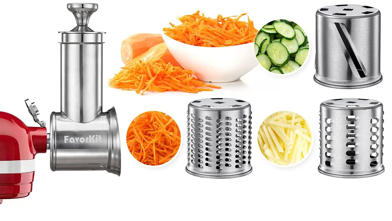  FavorKit Large Stainless Steel Slicer Shredder Attachment for  KitchenAid Mixers, Dishwasher Safe, Rotary Salad Maker/Cheese Grater  Accessories with 3 Drum Blades and 1 Knob Thumb Screw: Home & Kitchen