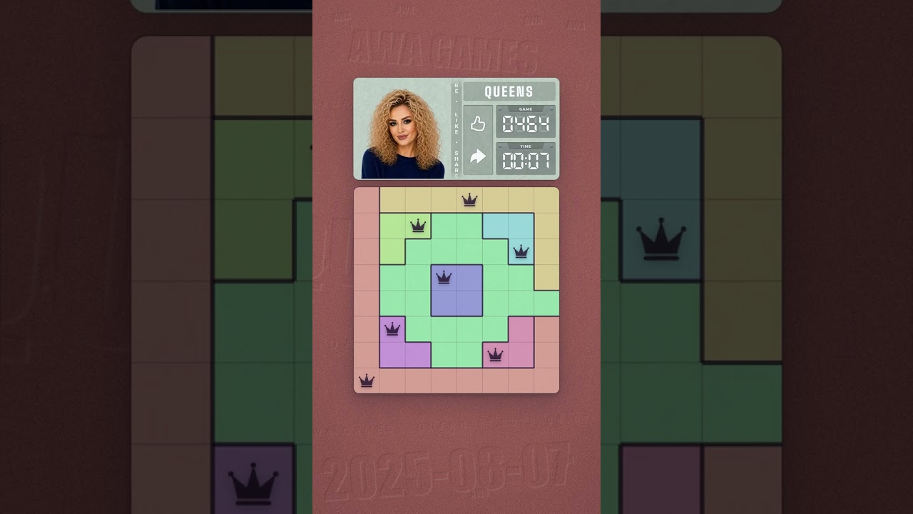LinkedIn Queens #464 solved board for August 7, 2025, 8x8 grid