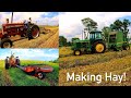Red and Green Machines cutting raking baling hay | Vintage Farm Equipment