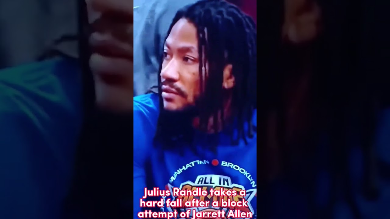 Julius Randle takes a hard fall after a block attempt of Jarrett Allen 