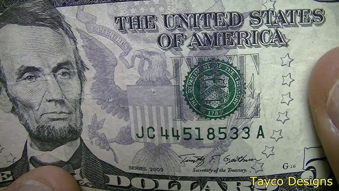 ONE DOLLAR BILL (fancy Serial Number) RAISED/STUCK DIGIT HIGH 5 ERROR NOTE