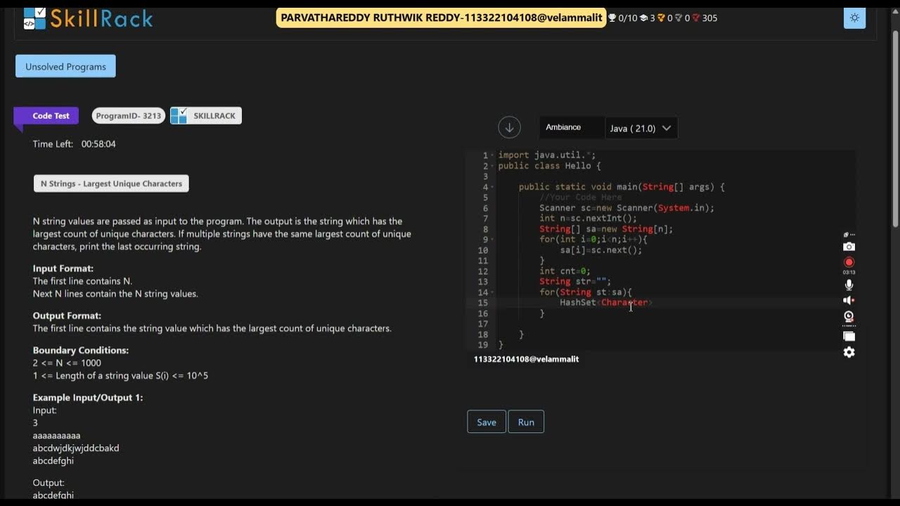 The String With more unique characters Skillrack problem java solution ...
