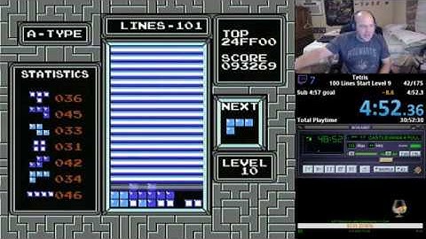 NES Tetris 100 lines Level 9 Start in 4:52.417