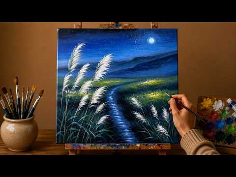 Easy Moonlight Pampas Grass Acrylic Painting | Peaceful Night Landscape for Beginners