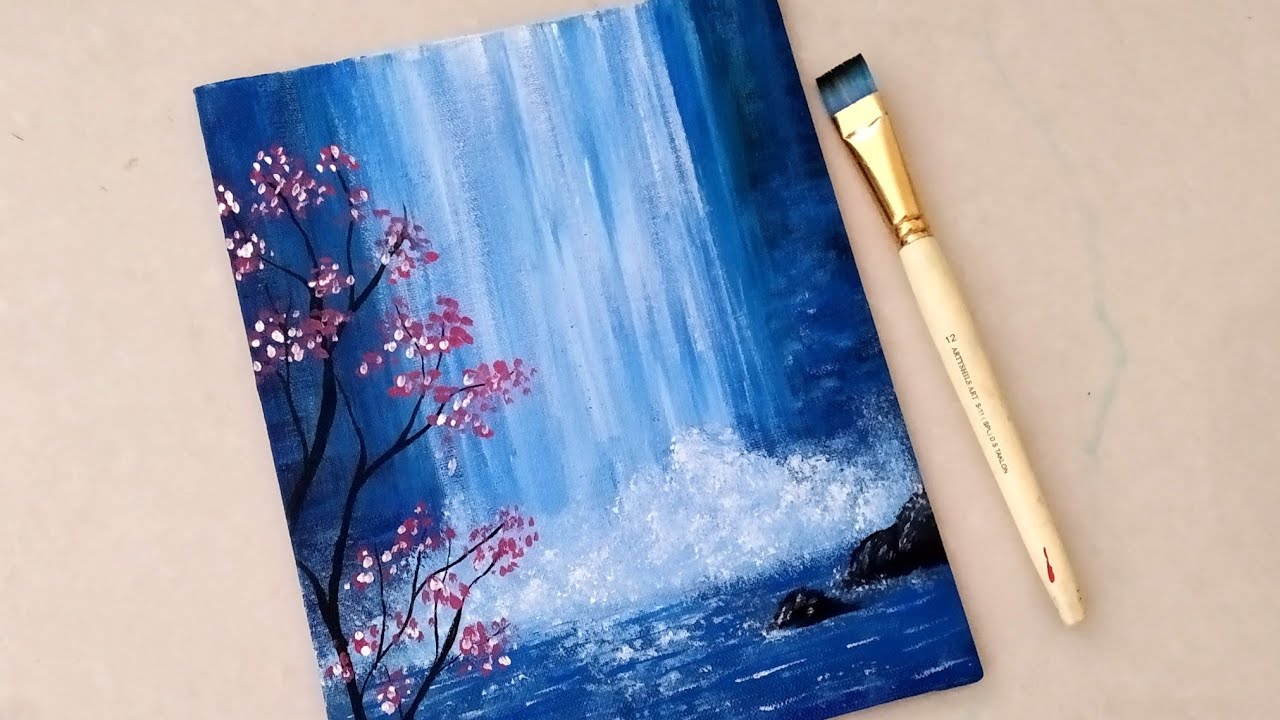 Easy Waterfall Landscape Painting tutorial for beginners || Step ...