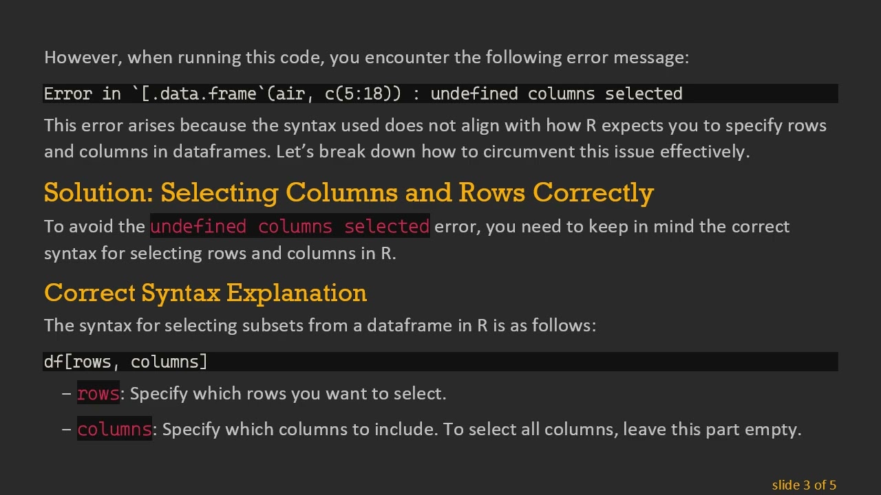 Overcoming the undefined columns selected Error in R when Using the Air Dataset