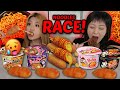 Spicy ramen noodles  cheesy corn dog race eating competition  week vlog