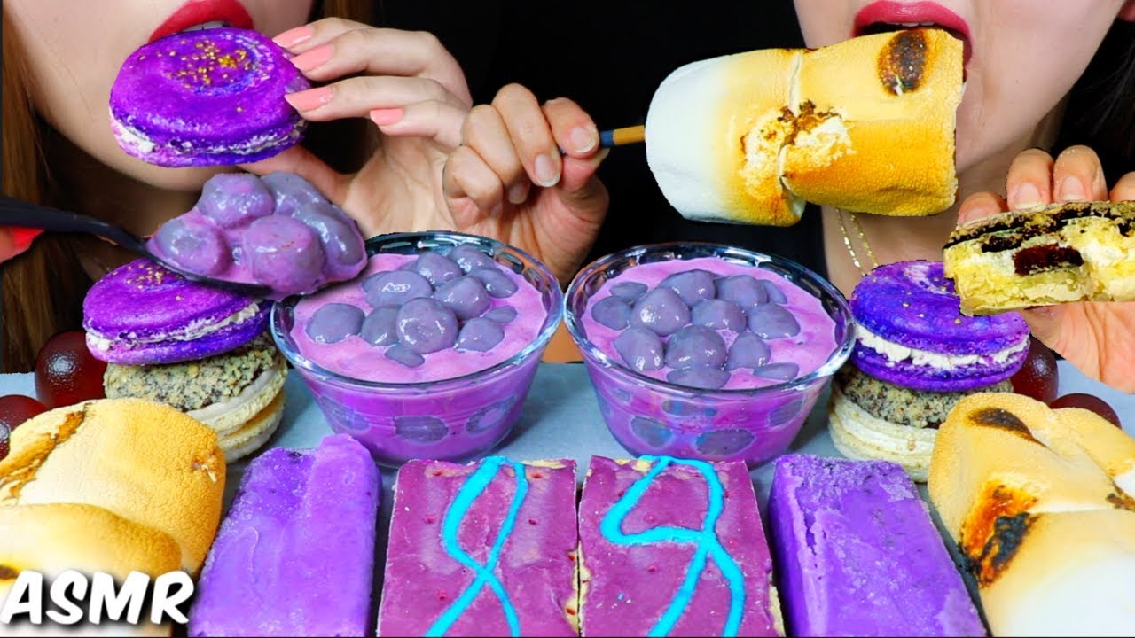 ASMR GIANT ROASTED MARSHMALLOWS, PURPLE ICE CREAM, BERRY POPTART, RICE CAKE 먹방 | Kim&Liz ASMR