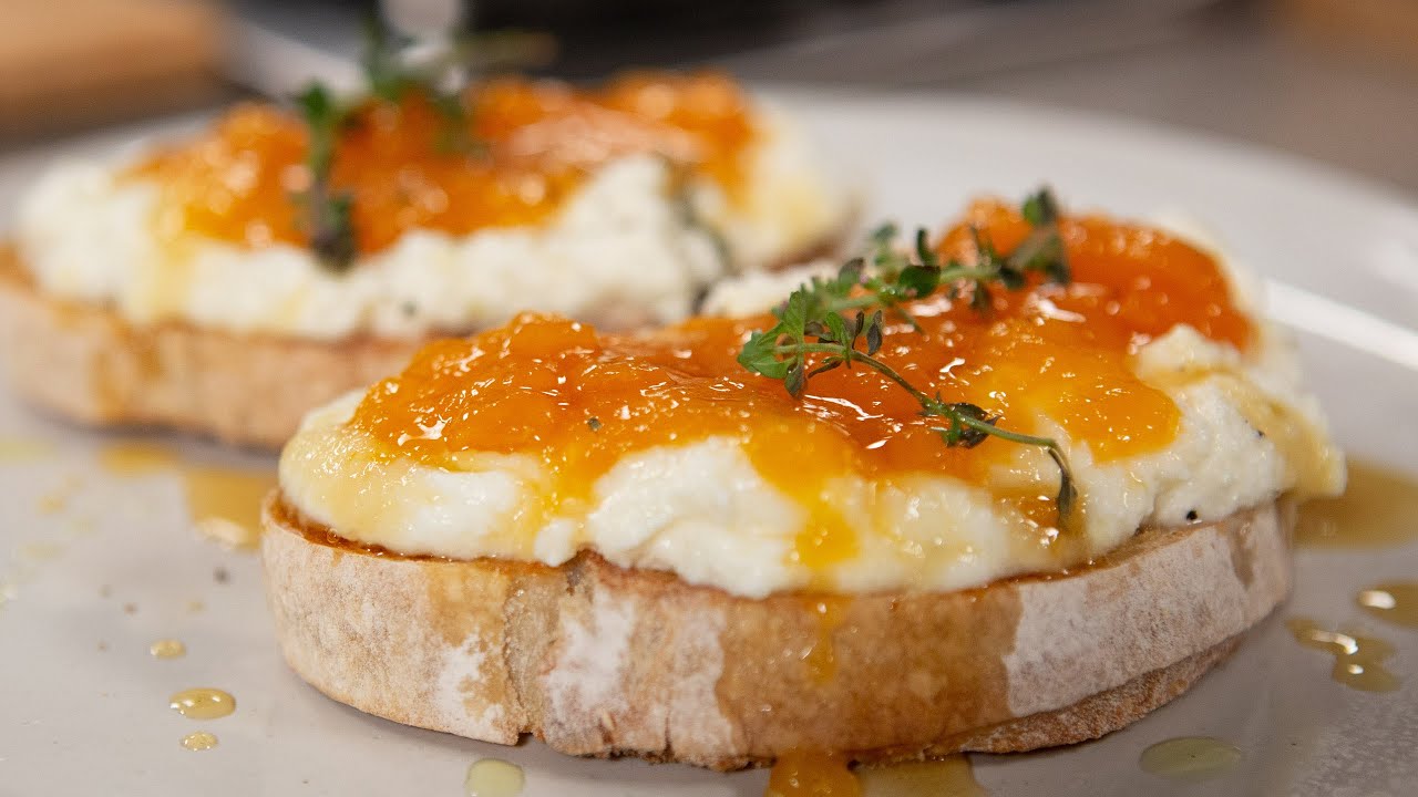 Peach Jam on Ricotta Toast with Lemon Thyme Honey