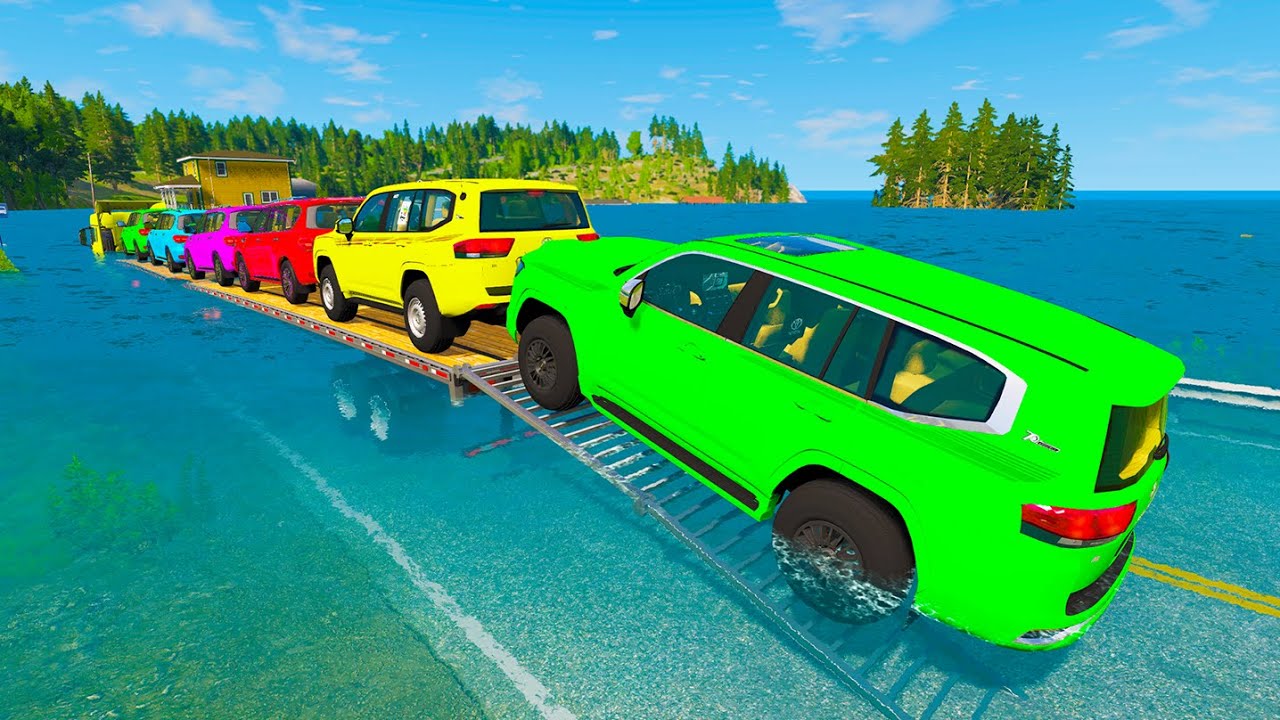 Triple Flatbed Trailer McQueen Transportation with Truck - Speedbumps vs Cars vs Train - BeamNG #6