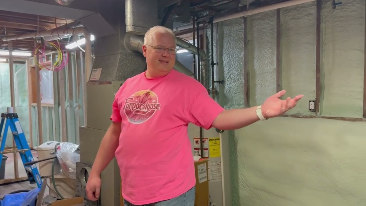 Basement has been spray foamed! A before and after. Exposed areas painted with fire retardant paint.