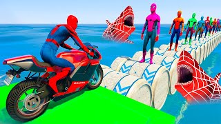 GTA 5 Epic Новые сумасшедшие рэгдоллы | Человек-паук на мотоцикле по мосту Радужных пауков, Акула