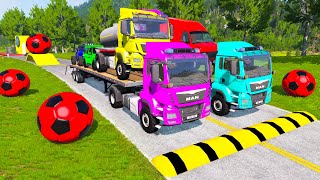 Double Flatbed Trailer Truck vs Tractor vs Train | Speedbumps vs Cars Beamng.Drive 04