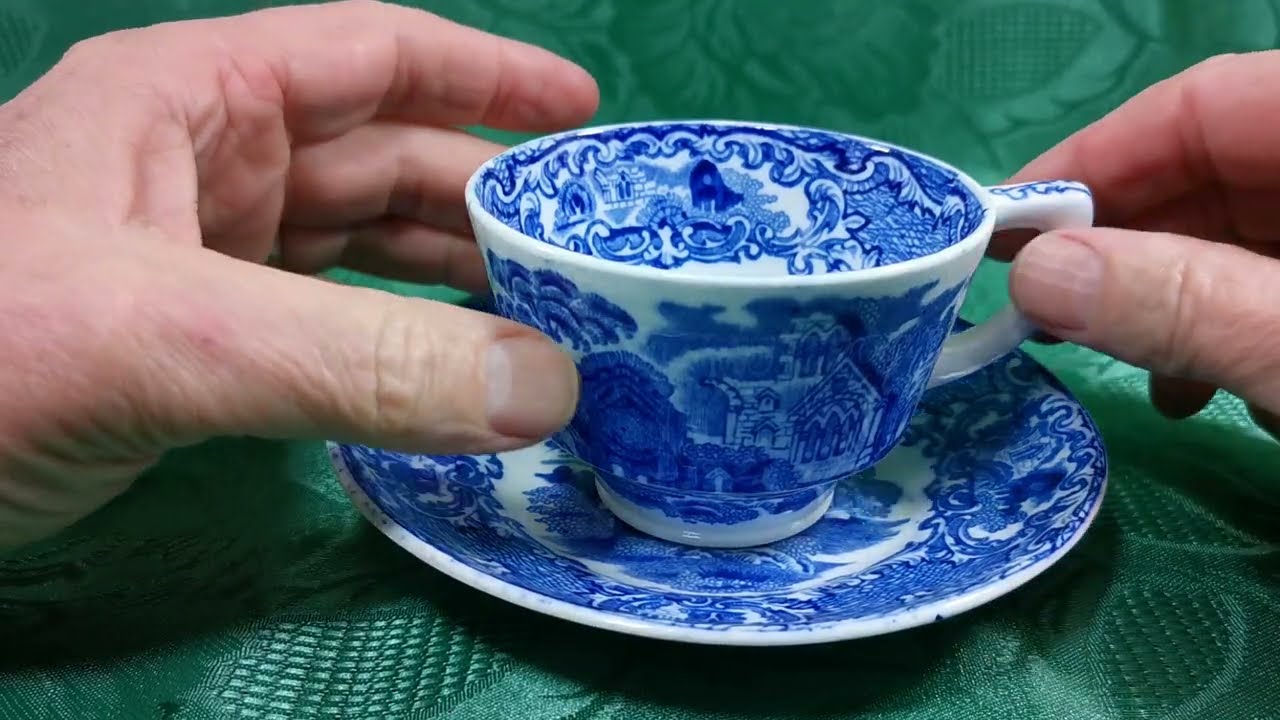 George Jones & Sons Abbey Blue and White China Tea Cup and Saucer
