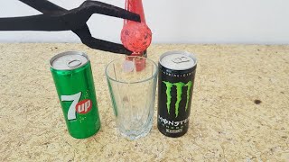 Experiment: a 700-degree Celsius ball vs MONSTER, 7UP, and Chili Sauce.
