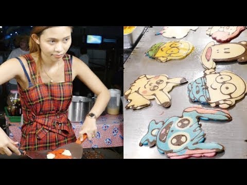 キャラクターパンケーキをその場で描く子供に超人気のバンコク屋台 タラートロットファイラチャダー Bangkok Food Stall Drawing A Character Pancake Youtube