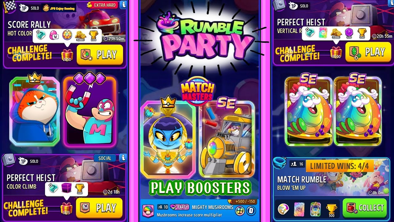 (3 Solo+PARTY+1 Match Rumble) Hot Color+Bombs Away/ Color Climb/ Vertical Rush+Gimme Green 💚