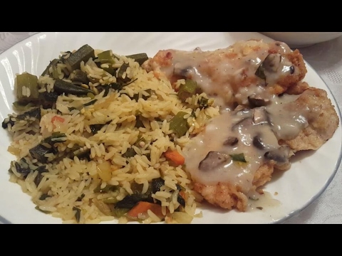 Baked Chicken Breast with Mushroom Gravy, Vegetable Rice, Tomato Salad