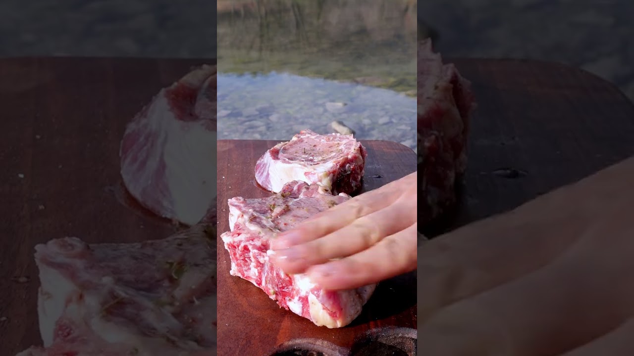 Steak on the stone by the lake